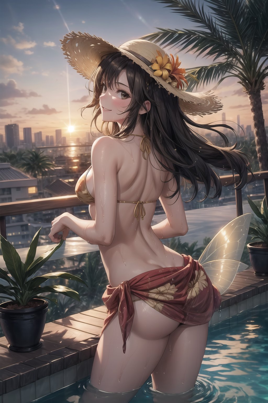 1girl, solo, rooftop_pool, infinity_edge, sunset, golden_hour, wet_skin, droplets, bikini, sarong, sun_hat, sunglasses, cocktail, tropical_flowers, hair_blowing_in_wind, leaning_on_railing, arched_back, toned_body, side_view, cityscape, palm_trees, lounge_chairs, fairy_lights, lens_flare, reflection_in_water, golden_skin, relaxed_smile, dreamy_expression, bokeh, wide_angle_shot