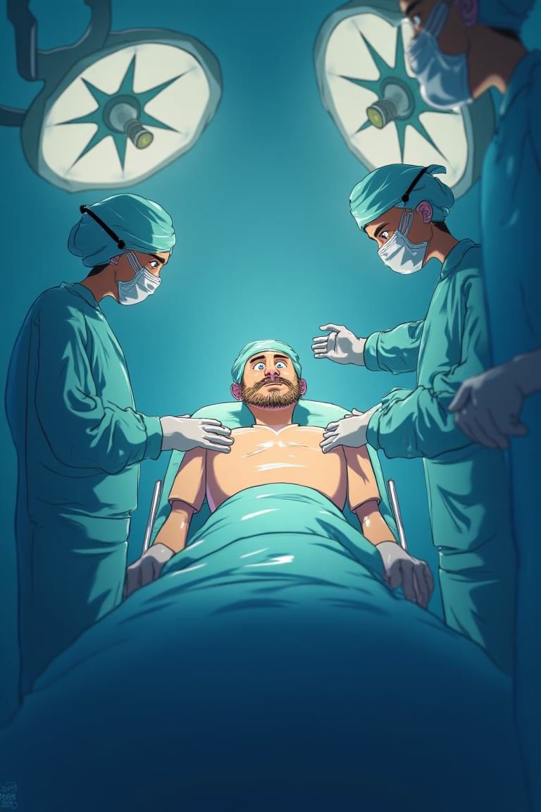 a scene of an animated man lying in the bed of the operating room with doctors ding surgery on him
