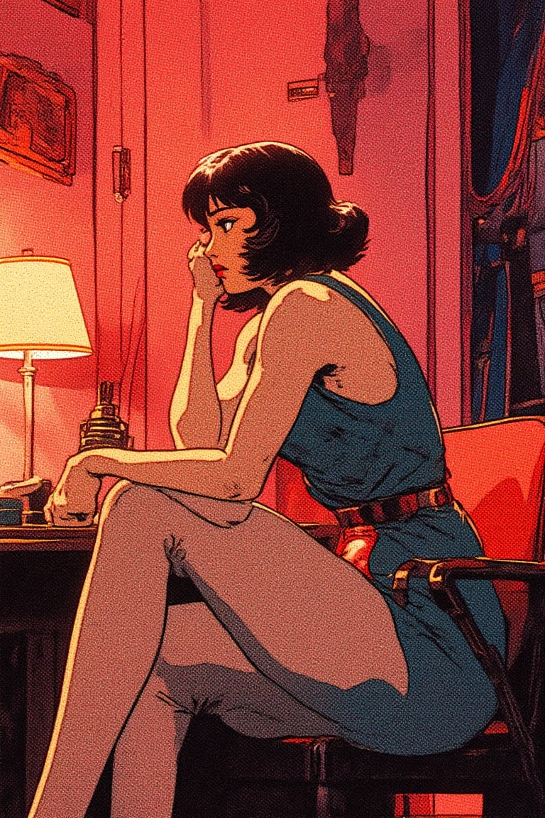 A retro animated woman sitting 
