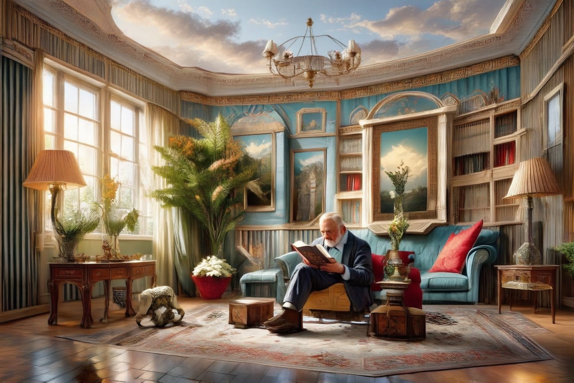 , A captivating illustration by @elmagnifico2 features a an old man sitting an reading. The style timeless design contrasts with the grand, almost fairytale-like Victorian mansion in the background, ( is a shot pof the living room)The autumnal setting, enhancing the vintage charm and nostalgic allure of this idyllic tableau.,Perfect Architecture