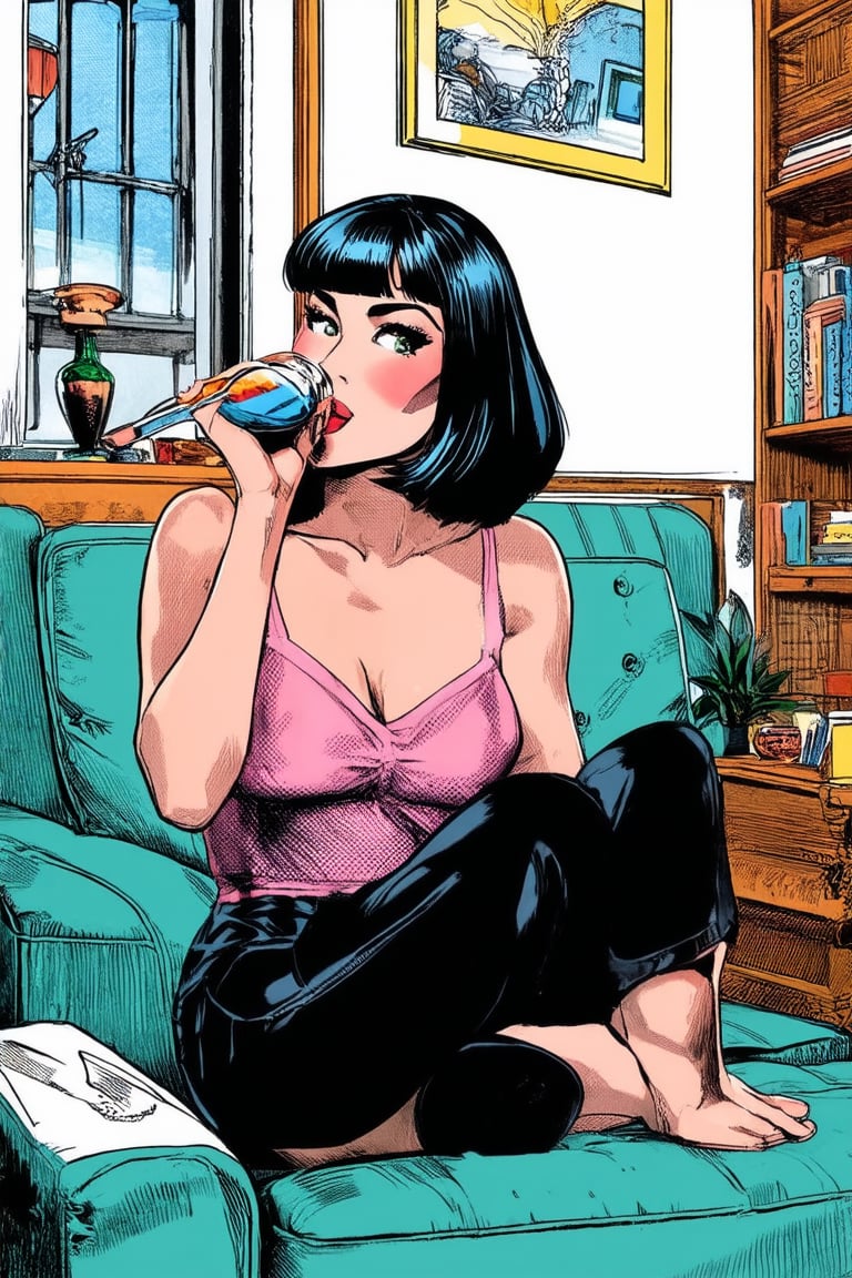 Comic Art Illustration Style,  a pop art style illustration of a woman sitting in a living room and drinking tea, 1girl, solo, looking at viewer, short hair, blue eyes, black hair, makeup, red lips