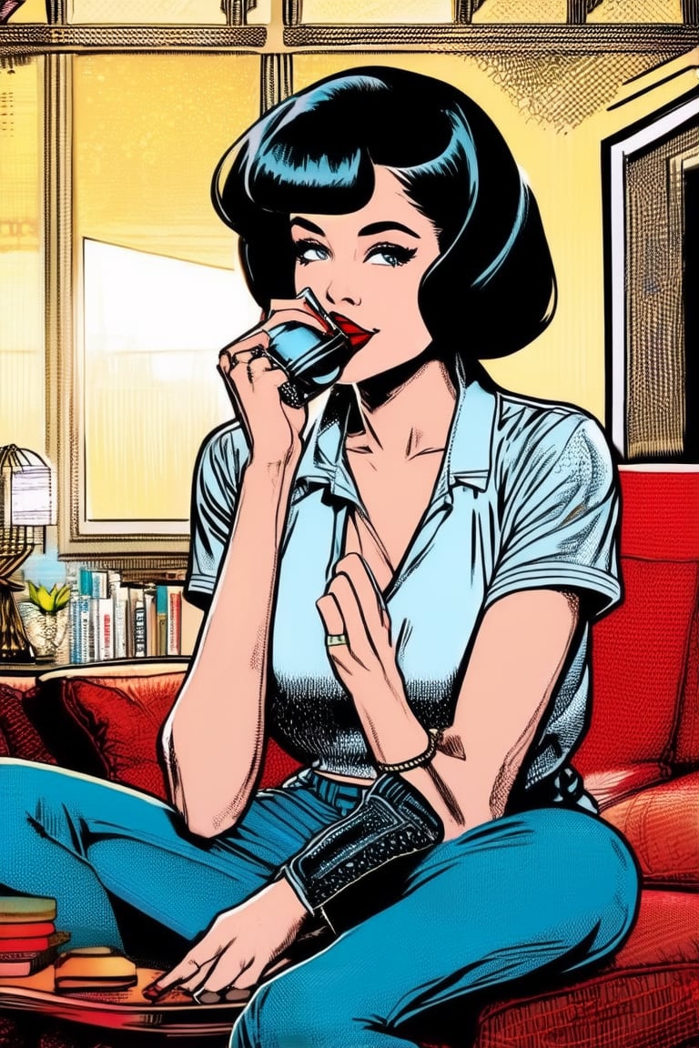 Comic Art Illustration Style,  a pop art style illustration of a woman sitting in a living room and drinking tea, 1girl, solo, looking at viewer, short hair, blue eyes, black hair, makeup, red lips