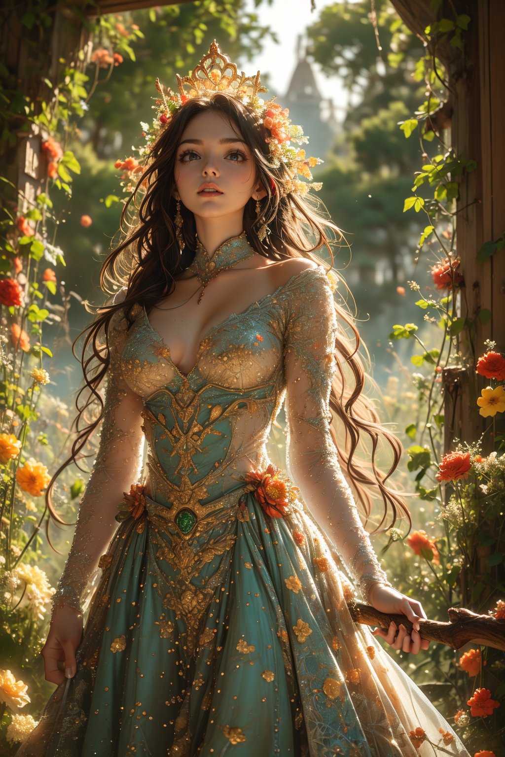 In a dappled, ancient forest ruin, an Elf Princess stands tall, her staff raised high as beams of warm sunlight filter through the trees, casting a golden halo around her regal figure. Her revealing, enchanted clothing shimmers in the soft light, while lush foliage and vines surround her, creating a lush environment. The camera captures a sharp focus on the princess's face, with the rule of thirds composition placing her at the intersection of two diagonals. Shot during the golden hour, the scene exudes an ethereal mood, inviting the viewer to step into this mystical realm., ,fantasy,better_hands,leonardo,angelawhite,Enhance