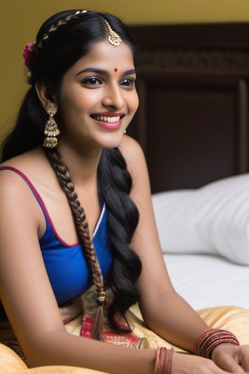 Generate an AI model of a 30-year-old Indian woman named Priya. She has medium brown skin, long black hair styled in a braid, and expressive brown eyes,with nude figure. She is nude with intricate embroidery. Priya is from Tamil Nadu and speaks Tamil and English fluently. She is a software engineer working in Bangalore and enjoys classical dance and cooking traditional dishes. Priya is siting on bed with Indian decor, smiling warmly as she interacts with her colleagues and preseing boobs.eating lips,priya is nude