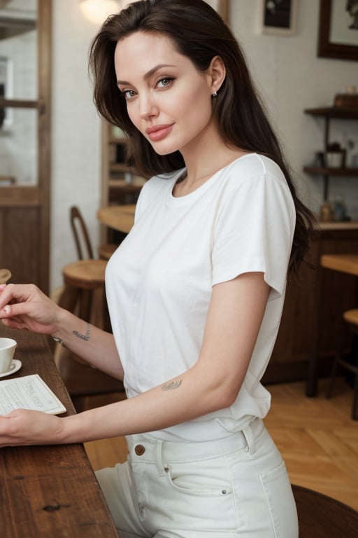 hyperrealistic photo of Angelina Jolie in a casual and cozy setting, wearing a white cotton t-shirt and faded jeans. She is in a charming cafe, reading a book, with a light and relaxed smile. The lighting is natural and soft, highlighting the details of the environment and clothing. The image has a cinematic style, with focus on Angelina Jolie's natural beauty, conveying a sense of peace and tranquility.