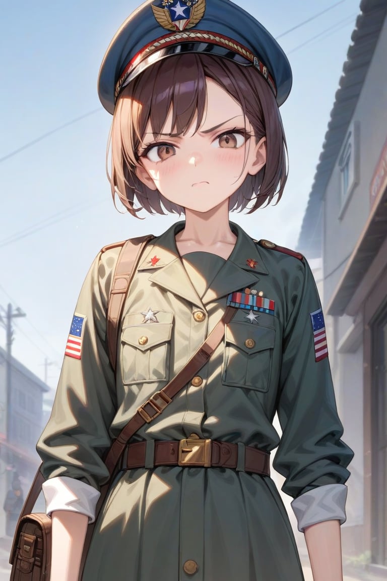 score_9, score_8_up, score_7_up, source_anime, 1girl, solo, (small chest:1.2), annoyed, brunette, short hair, american Vietnam War uniforms, holding m16