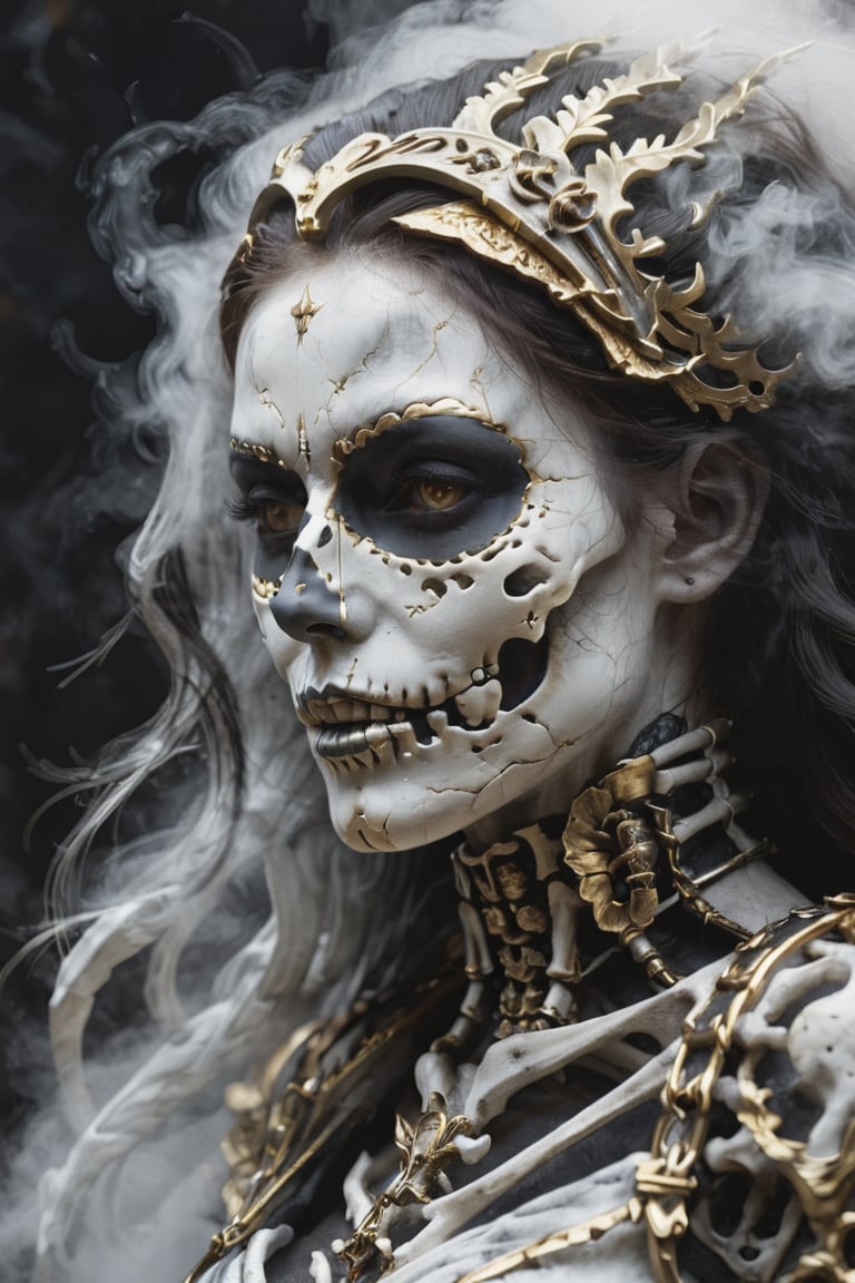 close up ultra detailed marble and gold sculpture of a female necromancer, (skeleton face), volumetric fog, hyperrealism, breathtaking, ultra realistic, ultra detailed, cyber background, cinematic lighting, highly detailed, breathtaking, photography, stunning environment, wide-angle