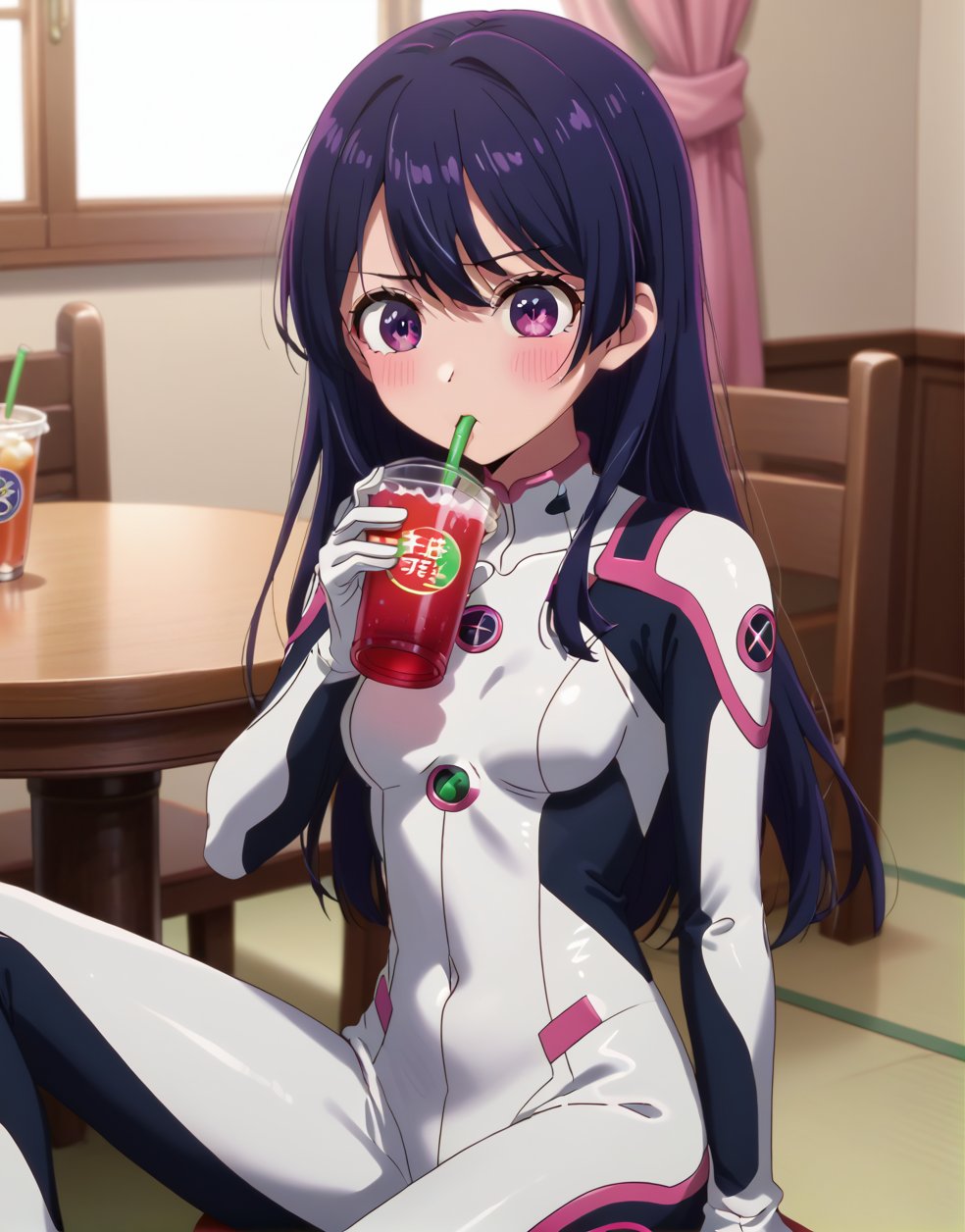 HOSHINO AI, girl cute, plugsuit,HOSHINOAI,streched legs, in the house, drinking, 