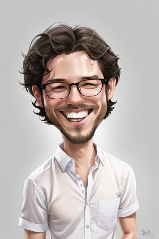 solo, looking at viewer, smile, simple background, shirt, black hair, 1boy, white background, white shirt, upper body, male focus, collared shirt, grin, facial hair, sunglasses, beard, eyewear removed, eyewear hang