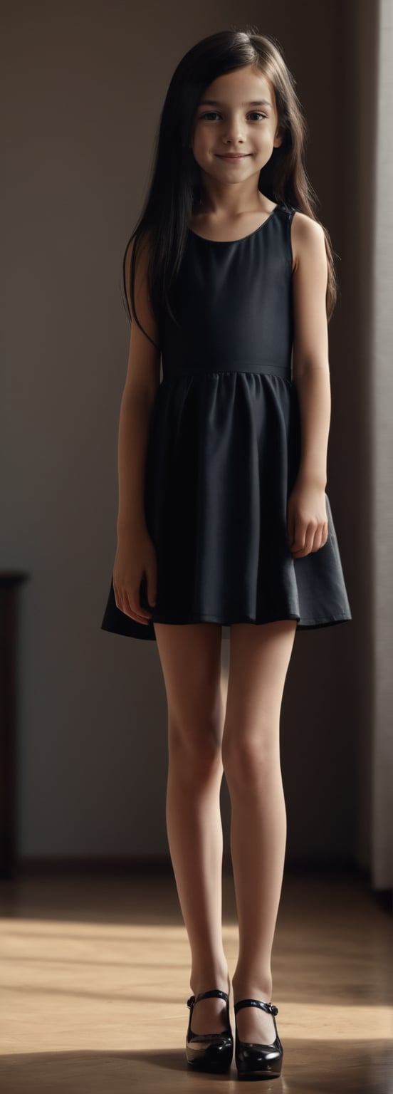 Create a cinematic shot of a realistic, full-length girl, ((she is 11 years old)), ((very long legs)), ((perfect tits)),  alone, indoors. The girl has long black hair, a smile, and is wearing a very short dress and high heels. She stands and looks at the viewer. Enhance the atmosphere with bright shadows and use all artistic styles. Capture the highest quality scene detail at its extreme, using light to its full potential. Make sure the end result is 32K Ultra HD to showcase creativity and realism. 