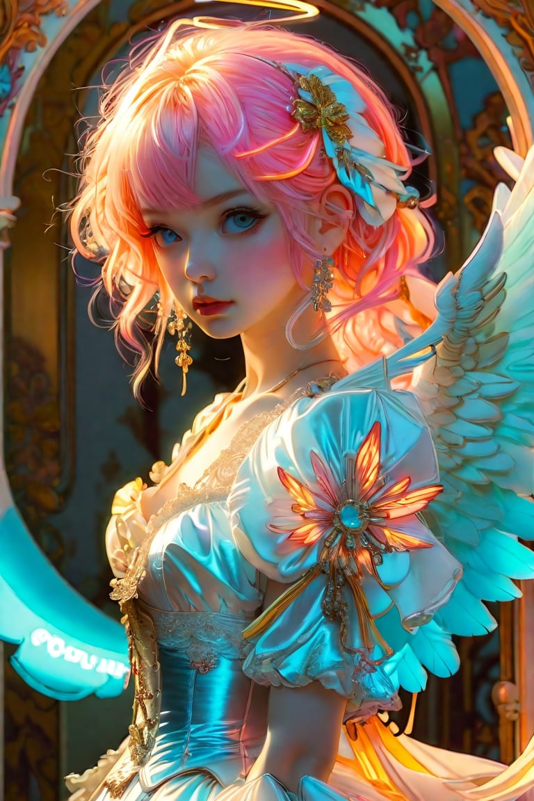 anime_artwork, rococo, grand_photograph, annoyed_girl, neon_glowing_hair, canon_5d_mark_4, neon_light, kodak_ektar, flamboyant, pastel_colors, curved_lines, elaborate_detail, rococo, art by j.c. leyendecker,more detail XL,angel wings,aura