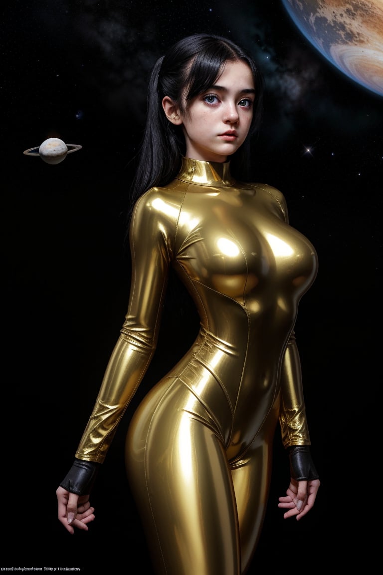 In a dramatic sideview pose, a diminutive girl dons a sleek futuristic yellow spacesuit on a spaceship's metallic floor. Her unsmiling gaze directly confronts the viewer as her short neck and black hair frame her enigmatic face. The glossy yellow ceramic-plastic bodysuit accentuates her hyper huge breasts and slender physique, while white and black accents pop against the dark cosmos backdrop. Stars and planets twinkle through the window, casting an ethereal glow on her serious expression.