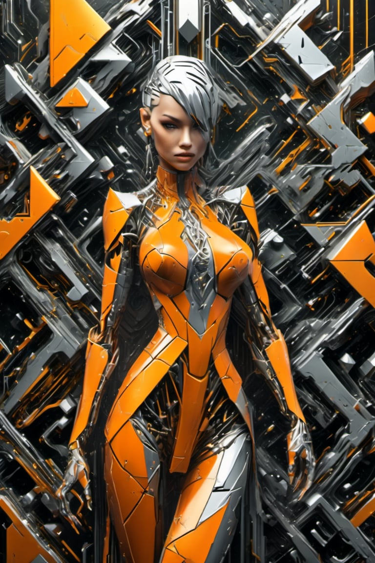 cyber (best quality), (UHQ, high resolution), create 3d rendering abstract image, orange and silver colors prevaile, a beautiful woman standing in the world of geometry cyber figures. Her dress make in cyber cubism style, Intricate make up, Use cyber cubism style, optical art. Ink painted, cyber Cubist artwork masterpiece Meaningful Visual Art, Detailed Painting, Digital Illustration, Unreal Engine 5, cyber matrix