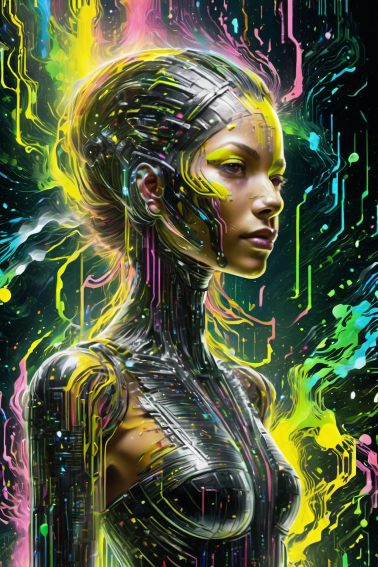 cyber full body, An Abstract surreal n Abstract surreal colorful simple painted newage cyborg spacegirl with long vibrant hair throughout the frame, high collar, blushed smiling, yellow-black Blood fountain in Outer space, made of code lines, vertical code lines, horizontal code lines, Made of intertwining code lines, weaving over and under each other throughout the frame, emphasis effect, moire effect, awash in colorful shades, seamlessly extends the code lines masterpiece Meaningful Visual Art, Detailed Painting, Digital Illustration, Unreal Engine 5, cyber matrix