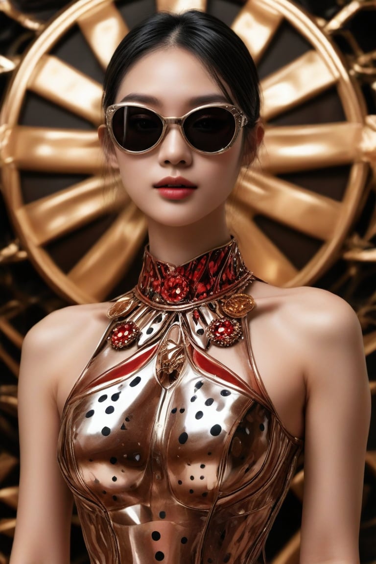 The image depicts a portrait of a person with stylized features. The a woman wears and wears black dots on her head, in the style of futuristic fantasy, 3d, metallic sculpture, elegant, emotive faces, dark Orange and red and light silver,her eyes wearin a futuristic sun glasses algorithmic artistry, high resolution. Her breasts are big beneath her outfit.  The background is blurred with hints of gold tones, which serve to highlight the subject without distracting from the intricate details of the jewelry and makeup.,1girl,Supreme