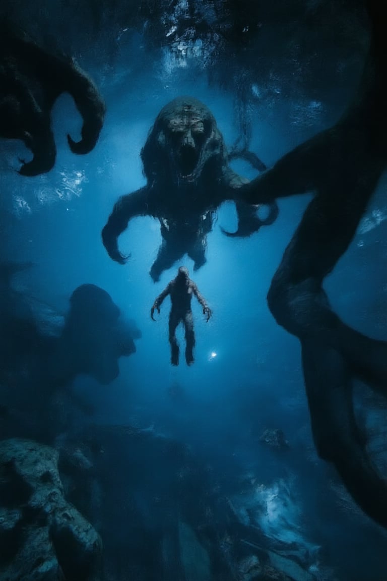 A lone individual, straneded under water in the deep sea.  This solo individual is floating in the water as if there was no gravity.  The surounding sea is dark blues and black.  An empty void.  Tiny ambient lighting can be seen in the distance to illustrate the size of the underwater sea.  A horror and tense atmsophere is created with large and gigantic deep sea water monster shapes surronding and passing by the individual.  Details of the monsters cannot be made in full due to the darkness but the shapes can be.  