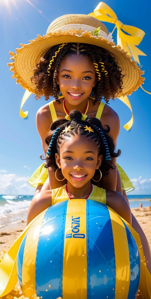 A realistic digital painting of two young African American sisters and their little brother playing on a beach. The older sister has luxuriant spiral curls cascading down her back, adorned with a vibrant yellow ribbon, while the younger sister sports neat cornrows ending in a puff of natural curls, also with a matching ribbon. Their little brother has a short afro, wearing a small hat and swimwear. They are joyfully building a sandcastle together, embodying the happiness and bond of siblinghood. The background includes gentle waves, a bright blue sky, and a few seagulls flying, adding to the lively and fun atmosphere of the scene.