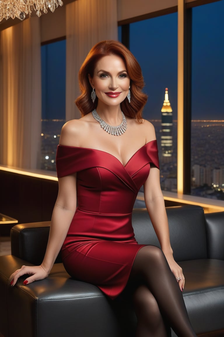 A stunning Central European Lady, 50 years old, standing 1.65 meters tall and weighing 65 kilograms, with slightly wavy red hair falling over her shoulders. She has thin lips and subtly sun-kissed skin, with elegant and understated makeup. She is wearinga short red off-the-shoulder evening dress, black high heels with 10 cm stiletto heels, brown sheer tights,  She is sitting upright on a large black leather sofa with her legs crossed and is smiling confidently. She is adorned with a diamond necklace and matching diamond earrings. In front of the sofa, there is a small glass side table. The setting is a luxurious living room with a large window in the background, offering a breathtaking view of the city's skyline during twilight, with the city lights starting to twinkle. The room is warmly lit with a chandelier hanging from the ceiling and modern art pieces on the walls, adding to the opulence of the scene,photorealistic,tacacá,Extremely Realistic