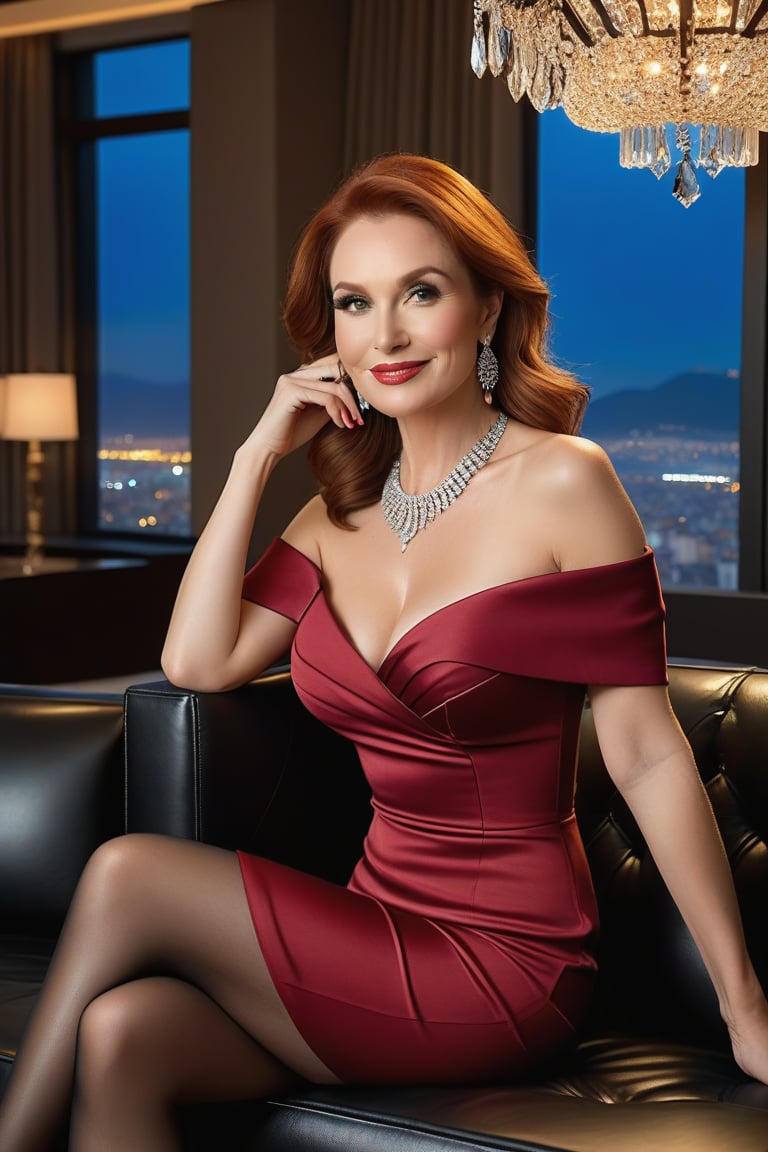 A stunning Central European Lady, 50 years old, standing 1.65 meters tall and weighing 65 kilograms, with slightly wavy red hair falling over her shoulders. She has thin lips and subtly sun-kissed skin, with elegant and understated makeup. She is wearinga short red off-the-shoulder evening dress, black high heels with 10 cm stiletto heels, brown sheer tights,  She is sitting upright on a large black leather sofa with her legs crossed and is smiling confidently. She is adorned with a diamond necklace and matching diamond earrings. In front of the sofa, there is a small glass side table. The setting is a luxurious living room with a large window in the background, offering a breathtaking view of the city's skyline during twilight, with the city lights starting to twinkle. The room is warmly lit with a chandelier hanging from the ceiling and modern art pieces on the walls, adding to the opulence of the scene,photorealistic,tacacá,Extremely Realistic