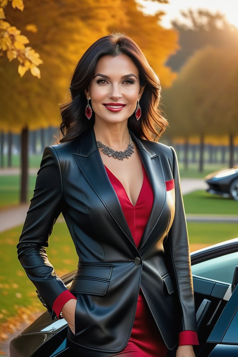 Draw a complete, full-body portrait of a stunning Central European Lady 50 years old, 1.65 meters tall and weighing 65 kilograms, with slightly wavy black hair touching her shoulders She has thin lips, brown eyes and subtly sun-kissed skin, with elegant and understated makeup. She is smiling confidently. She is wearing black leather miniskirt and a matching blazer, brown sheer stockings with laze cuffs. She is wearing black high heels with 10 cm stiletto heels on her feet. She is adorned with a necklace made of red rubies and diamonds and matching earrings. She stands in fornt of a black Lamborghini in a park during a breathtaking sunset. 