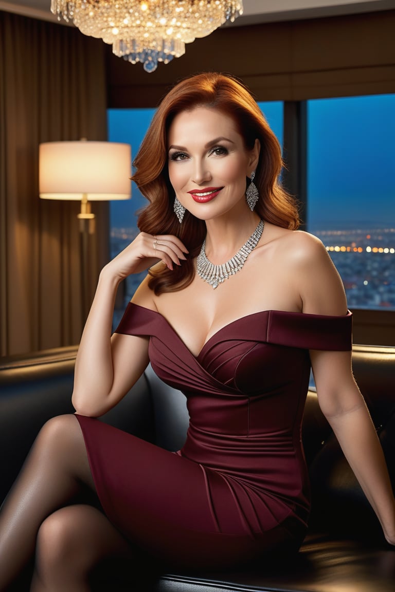 A stunning Central European Lady, 50 years old, standing 1.65 meters tall and weighing 65 kilograms, with slightly wavy red hair falling over her shoulders. She has thin lips and subtly sun-kissed skin, with elegant and understated makeup. She is wearinga short red off-the-shoulder evening dress, black high heels with 10 cm stiletto heels, brown sheer tights,  She is sitting upright on a large black leather sofa with her legs crossed and is smiling confidently. She is adorned with a diamond necklace and matching diamond earrings. In front of the sofa, there is a small glass side table. The setting is a luxurious living room with a large window in the background, offering a breathtaking view of the city's skyline during twilight, with the city lights starting to twinkle. The room is warmly lit with a chandelier hanging from the ceiling and modern art pieces on the walls, adding to the opulence of the scene,photorealistic,tacacá,Extremely Realistic