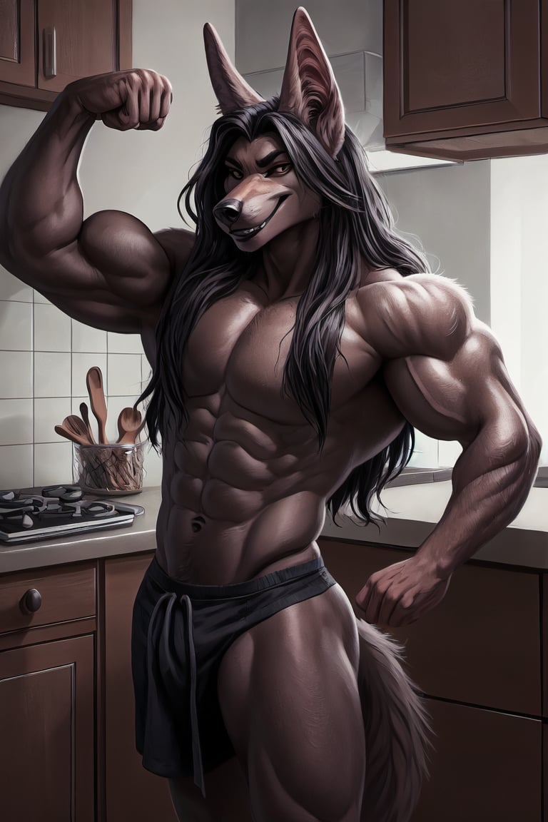 by_{hyucaze}, muscular, anthro, jackal, kitchen, flexing, long hair, little smirk