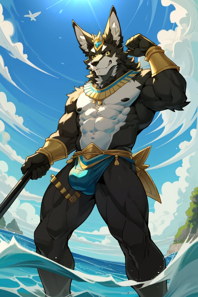 by_{girlsay}, muscular, jackal, anthro, furry, proud face, standing in the water, fluffy fur, fluffy hair, big bulge, view from below, black fur, flexing, beach, ocean, egyptian warrior