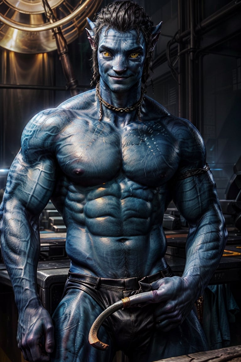 standing, young, jake_sully, blue skin, yellow eyes, looking at you with arrogance, smirk, muscular