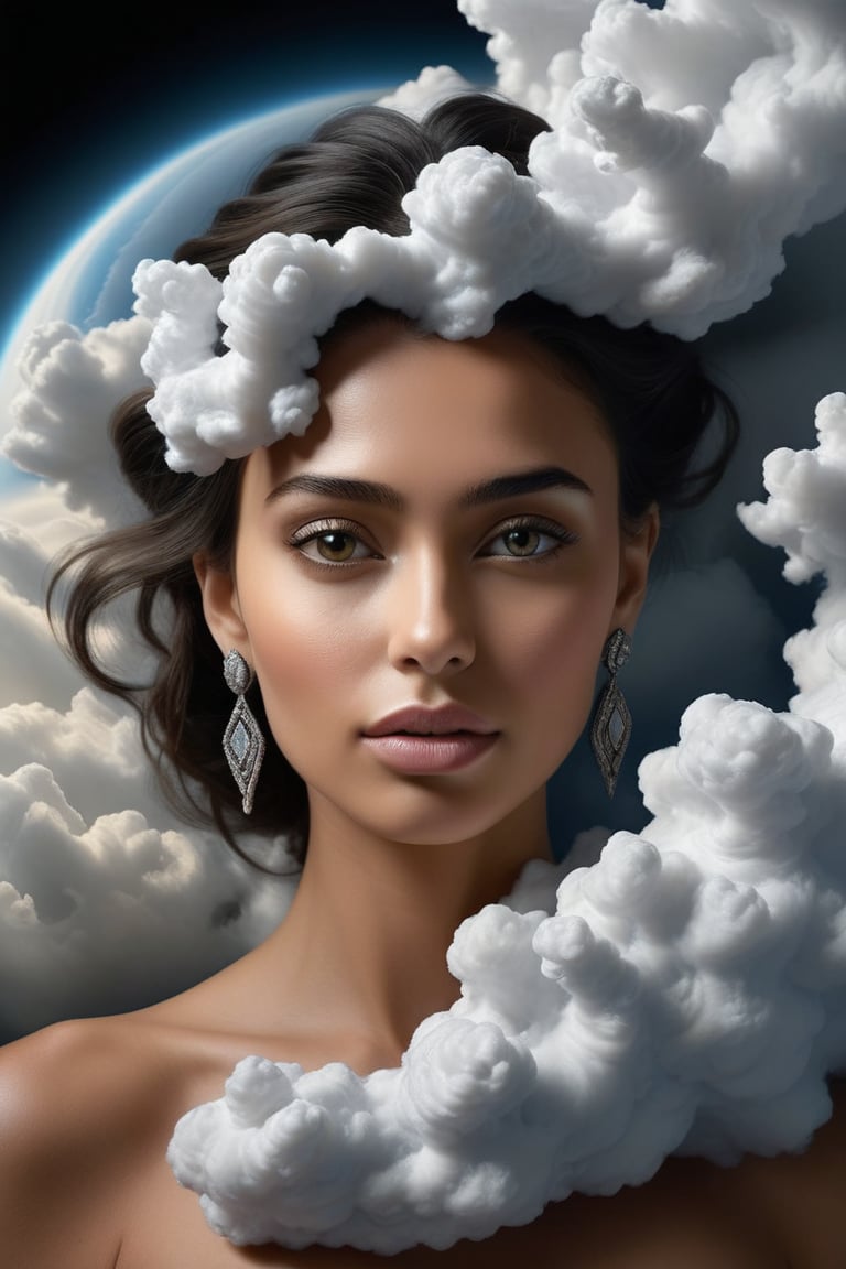 A stunning, high-definition photograph of a woman's face morphed into the shape of a zebrastratus cloud, a rare and dramatic atmospheric phenomenon. The ultra-realistic and hyper-detailed image captures the woman's facial features with intricate precision, while the zebrastratus cloud pattern brings a sense of otherworldly wonder. The overall ambiance of the photograph is cinematic, evoking a sense of awe and fascination with nature's most extraordinary creations.