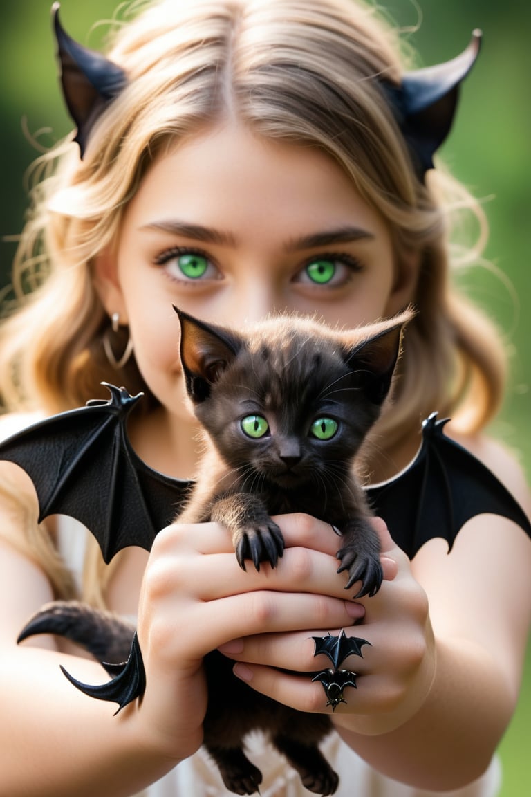 The kitten has striking green eyes and is adorned with black bat wings attached to its back. The wings are spread out, giving the impression that the kitten is a miniature bat. The person holding the kitten has a fair complexion and is wearing a ring on one of their fingers