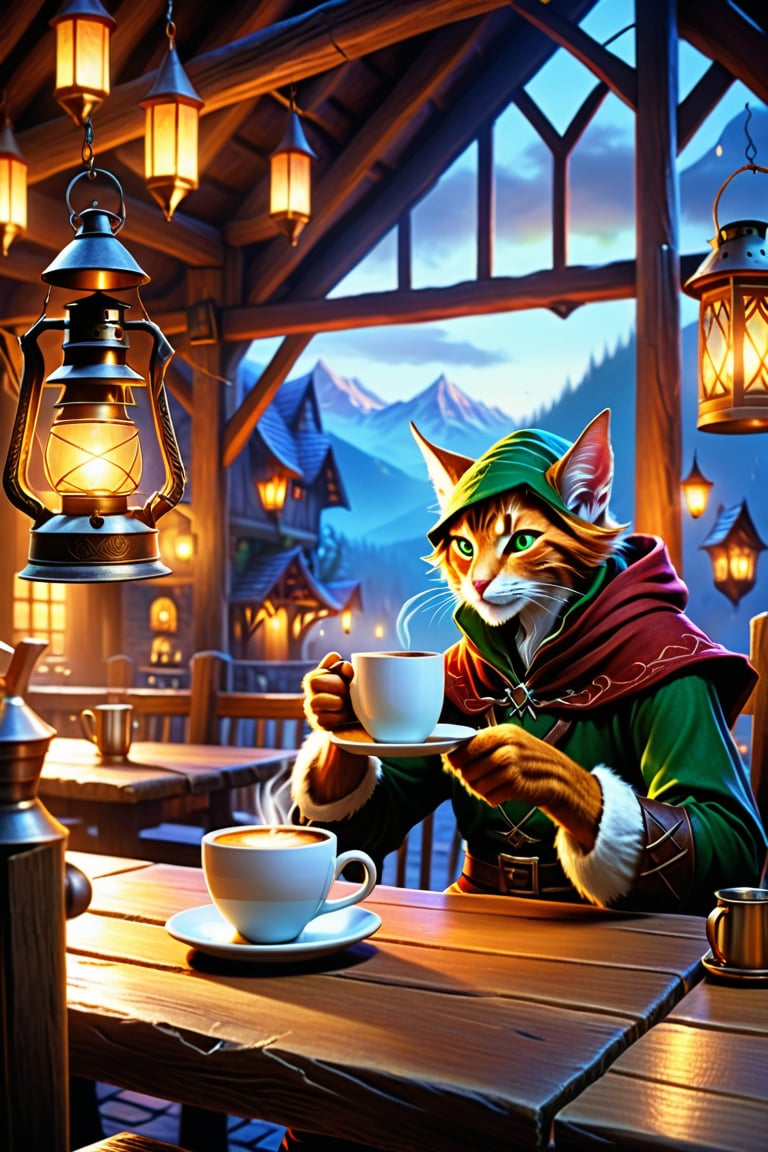 A dimly lit tavern set amidst misty mountains, warm candlelight dancing across wooden tables. A dark fantasy Elf, hood thrown back, sits at a worn wooden table, cradling a mug of steaming coffee. Beside him, a majestic fantasy cat stretches languidly, its whiskers twitching as it gazes up at the Elf. The camera rotates, capturing the cozy atmosphere: ale mugs stacked on nearby tables, the soft glow of lanterns, and the distant hum of laughter and music. Focus on the intimate bond between the Elf and his feline companion.