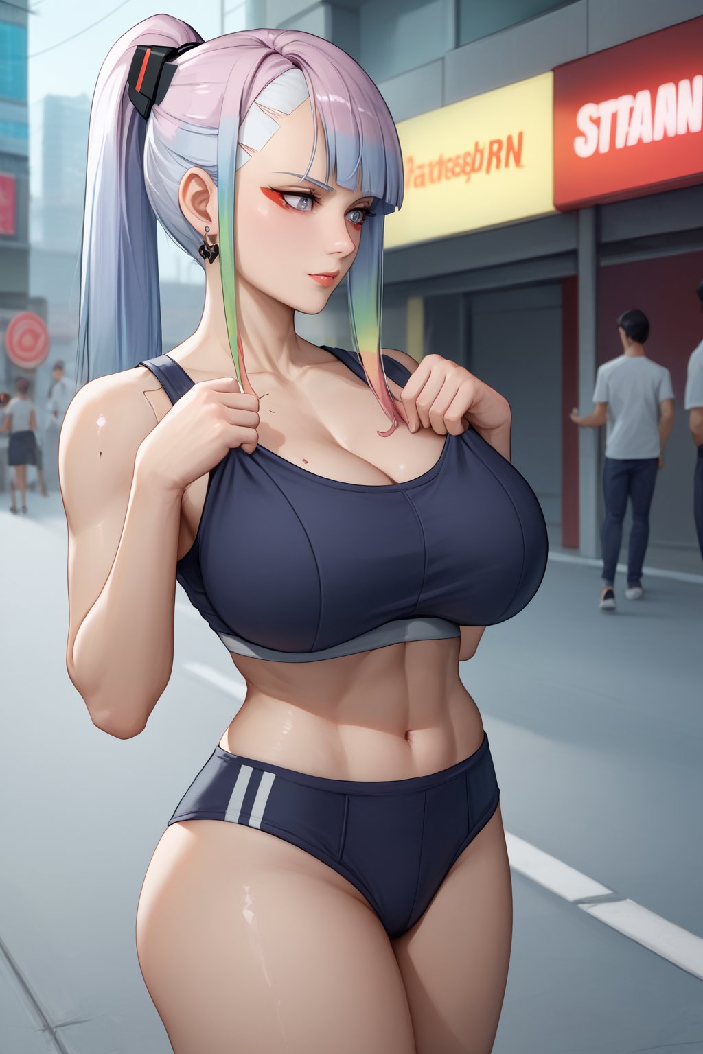 score_9, score_8_up, score_7_up, BREAK,     Woman, 28 yrs, Lucy (cyberpunk edgerunner), huge breasts, Sexy body, flirty, silver hair, long hair, high ponytail, earrings, natural makeup, shiny skin, buruma, sports bra, adjusting clothes, (curvy female), big hair, hair pulled back, ultra detailed, best quality, masterpiece, 4k, streets of Vietnam, Saigon, Ho Chi Minh city, da nang,