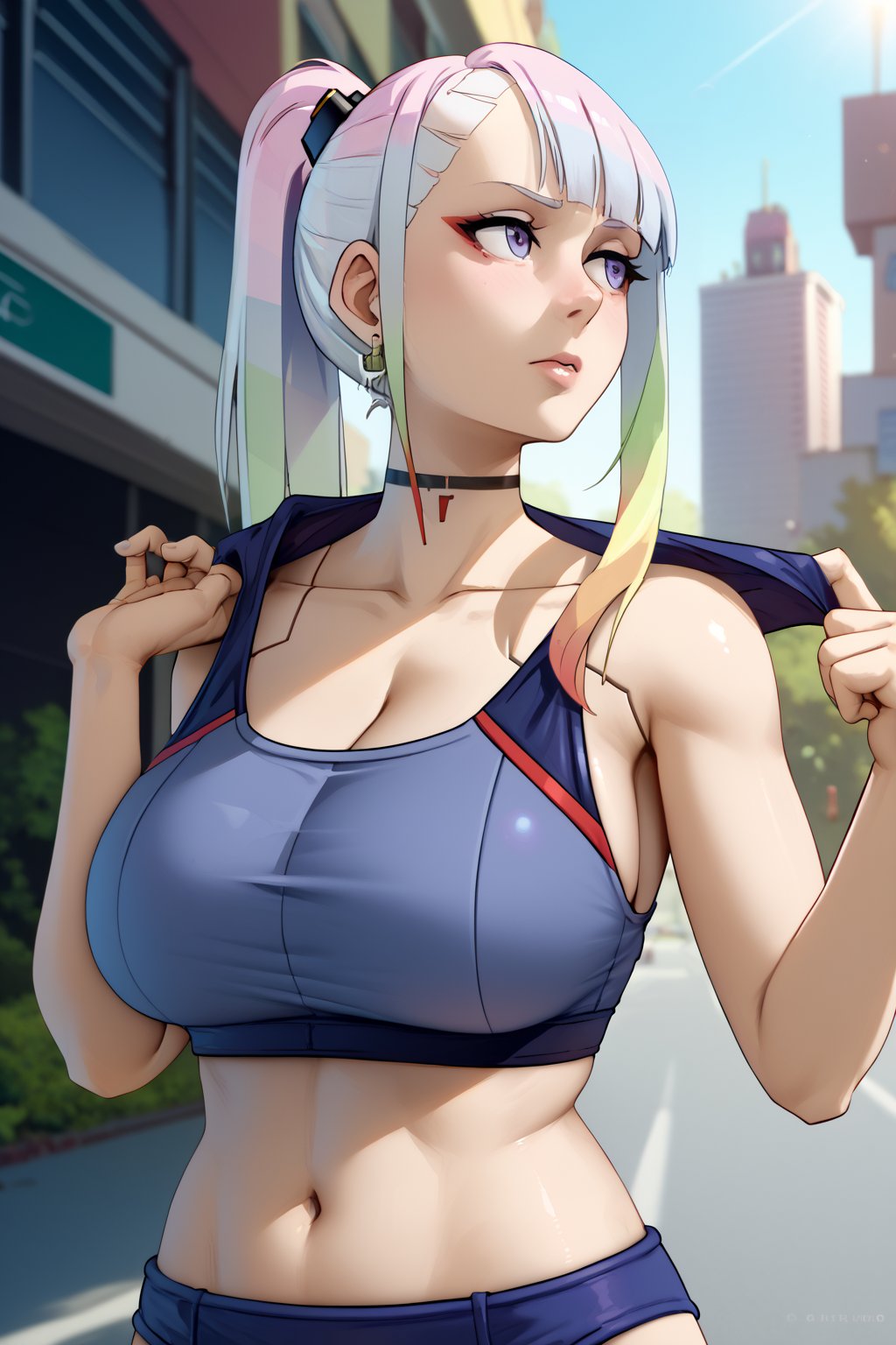 score_9, score_8_up, score_7_up, BREAK,     Woman, 28 yrs, Lucy (cyberpunk edgerunner), huge breasts, Sexy body, flirty, silver hair, long hair, high ponytail, earrings, natural makeup, shiny skin, buruma, sports bra, adjusting clothes, curvy female, big hair, hair pulled back, ultra detailed, best quality, masterpiece, 4k, streets of Vietnam, Saigon, Ho Chi Minh city, da nang,