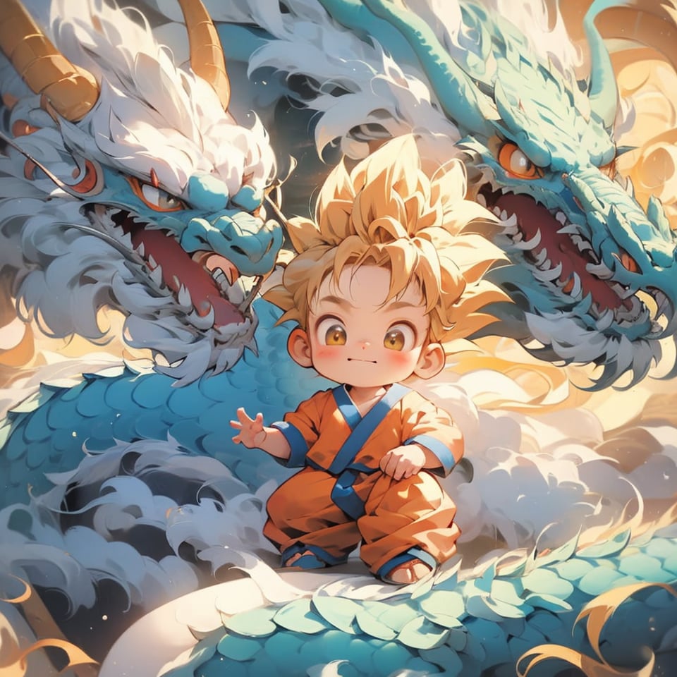 goku, chibi, aged down, child, dragon, male child, eastern dragon