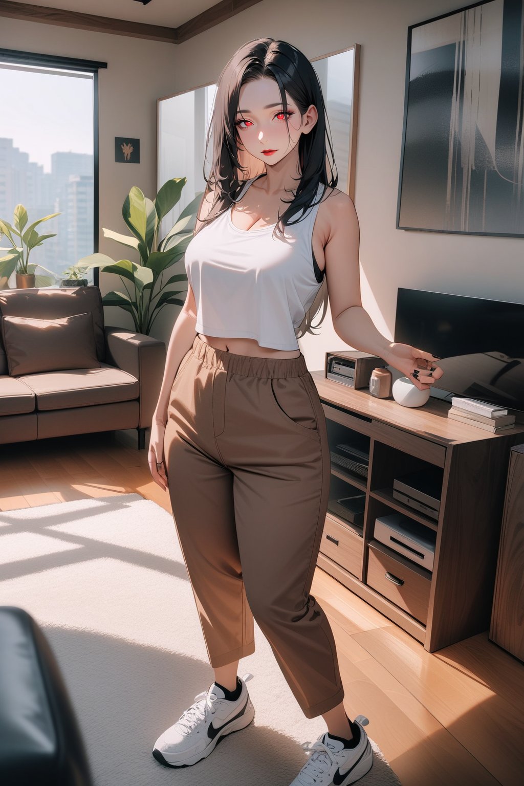 1girl, mature female, old, forehead, black hair, straight hair, long hair, tank top, brown skinny pants, sneaker, standing, living room, indoor, [fisheye lens:: 1], masterpiece, best quality, absurdres, very aesthetic, newest, General