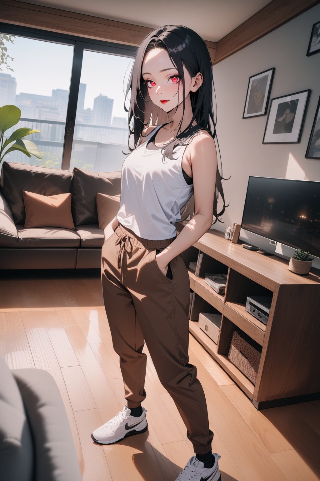 1girl, older female, forehead, black hair, straight hair, long hair, tank top, brown skinny pants, sneaker, standing, living room, indoor, [fisheye lens:: 1], masterpiece, best quality, absurdres, very aesthetic, newest, General