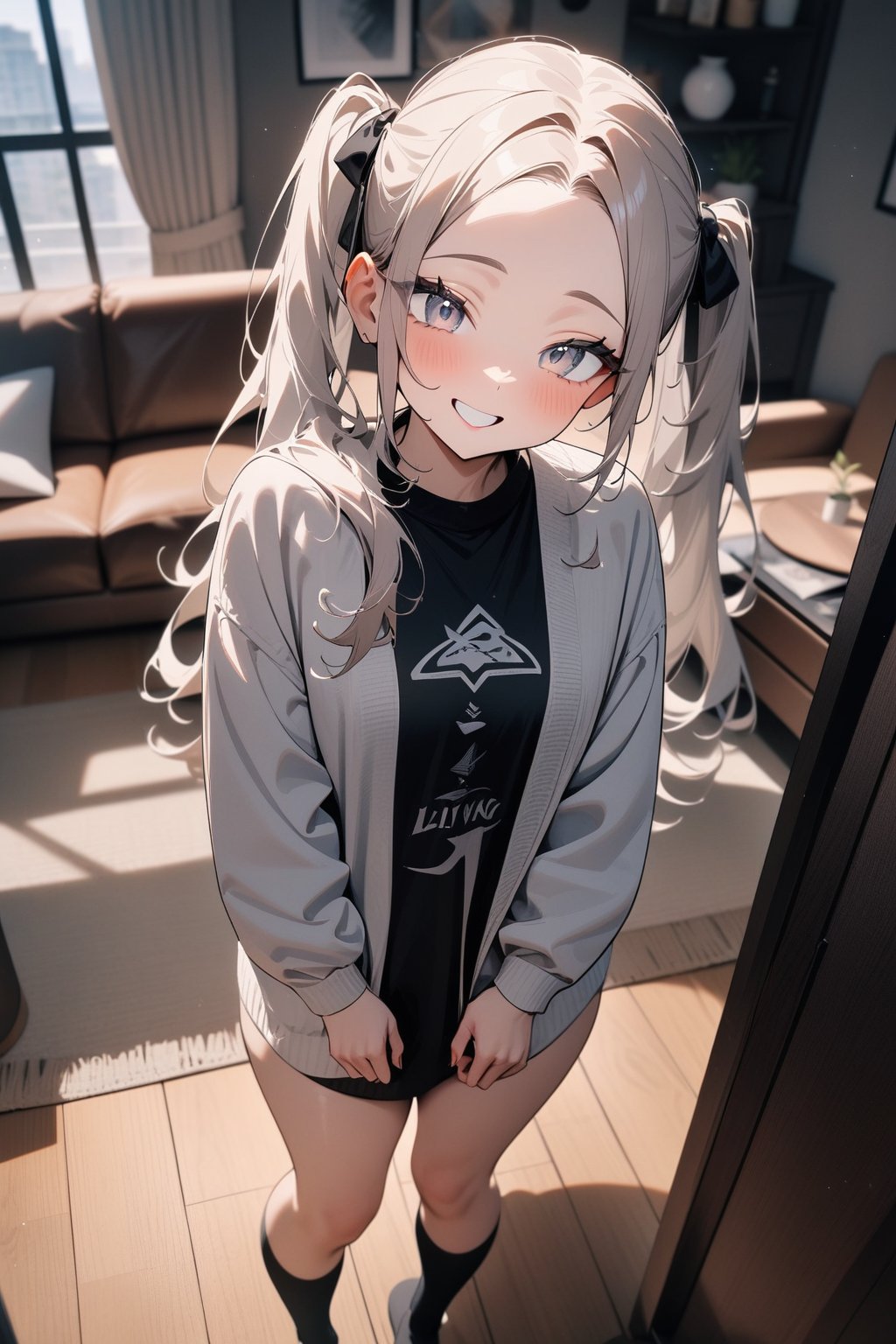 1girl, long hair, white eyes, smile, twintails, forehead, standing, living room, indoor, [fisheye lens:: 1], masterpiece, best quality, absurdres, very aesthetic, newest, General