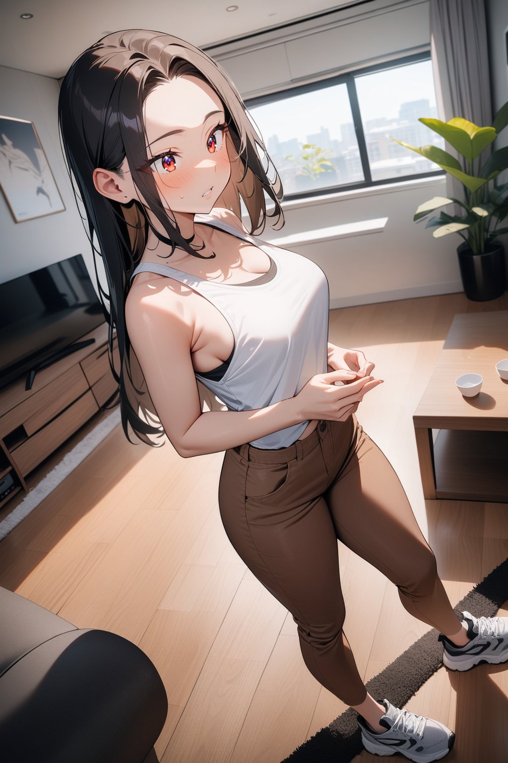 1girl, older female, forehead, black hair, straight hair, long hair, tank top, brown skinny pants, sneaker, standing, living room, indoor, [fisheye lens:: 1], masterpiece, best quality, absurdres, very aesthetic, newest, General