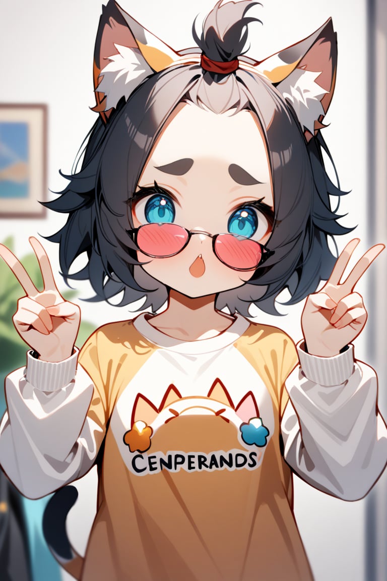 1girl, solo, blush, short hair, shirt, long sleeves, animal ears, white shirt, black hair, indoors, cat ears, blurry, animal ear fluff, v, sunglasses, thick eyebrows, double v, female child, bangs pinned back, cat print, diona \(genshin impact\), text"phivi errands"text, text"phivi errands" in the t-shirt, vivid color, masterpiece, best quality, amazing quality, very aesthetic, absurdres, depth of field, score_9, score_8, score_7, score_6,sexy girl,text as "phivierrands",Text"phivierrands"text