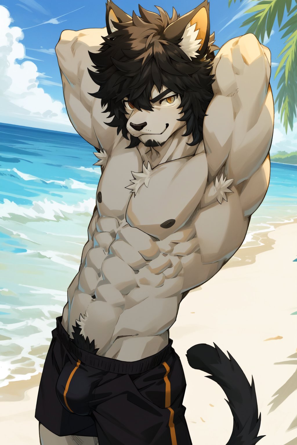 male, anthro, furry, cat, fluffy hair, big bulge, sinister look, hands holding head showing armpits, EasyMasterpiece, beach, short hair, by_{girlsay}, muscular