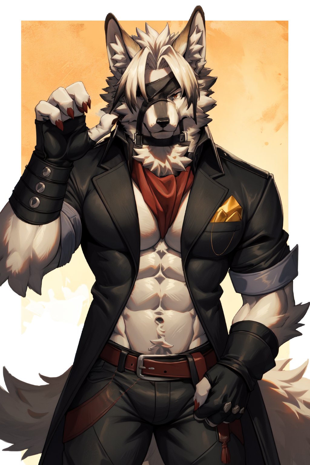 score_9, score_8_up, score_7_up, source_anime, male, solo, muscular, wolf anthro, von lycaon, eye patch, one eye covered, red eyes, paw pose, tsundere, looking at viewer, cowboy shot, aggressive_pomelo118,, by_{girlsay}
