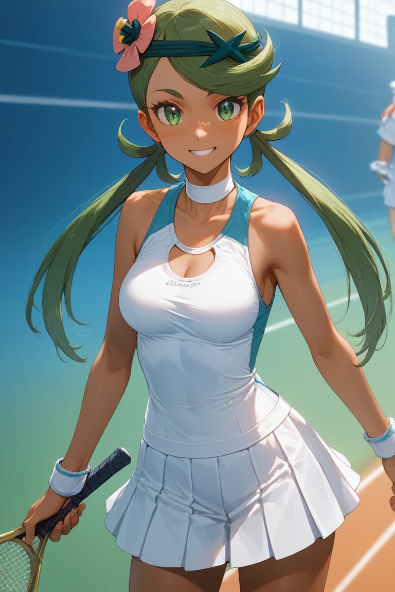 score_9, score_8_up, score_8,newest,
BREAK,1girl,defMallow, dark skin, hair flower, hair ornament,looking at viewer,smile,tennis uniform,tennis racket,tennis court,Olympics,attractive