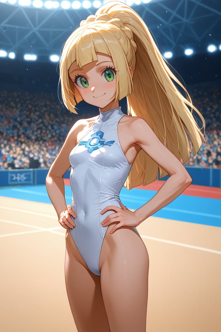 score_9, score_8_up, score_8,newest,sfw,BREAK,1girl,solo,,POKEMONLILIE, BLONDE HAIR,BLUNT BANGS, GREEN EYES,(white leotard),looking at viewer,smile,gymnastics,standing,watson cross,hands on own hips,Olympics,crowded