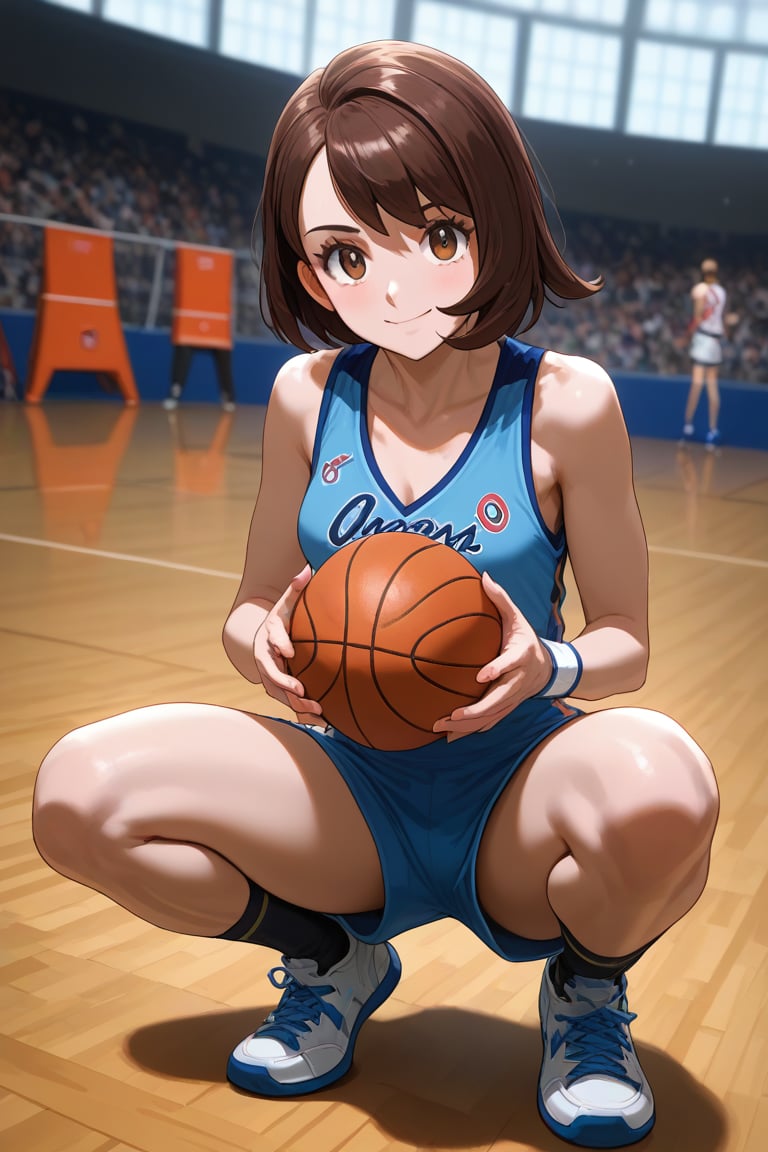 score_9, score_8_up, score_8,newest,BREAK,1girl,solo,Cpokemongloria, brown eyes, brown hair, medium hair,basketball uniform,smile,looking at viewer,perfect hands,squatting,holding basketball,Olympics,crowded, attractive image