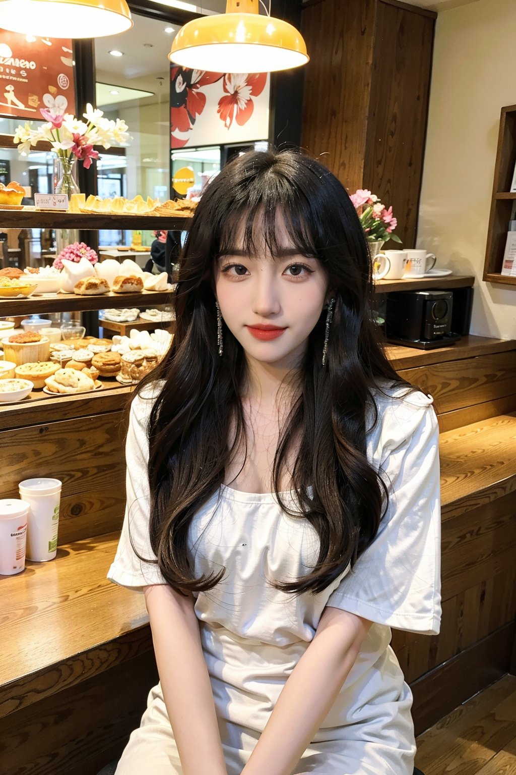 1girl, beautiful, black hair, long hair, smiling, coffee shop, sitting, (20yo:1.3), detailed eyes, light blush, white dress, (flowers in hair:1.1), looking at viewer, counter, espresso machine, cups, pastries, warm lighting, cosy atmosphere, beautifully detailed background, realistic, ambient light, (cinematic composition:1.3), HDR, Accent Lighting, wide-angle lens, best quality, masterpiece.