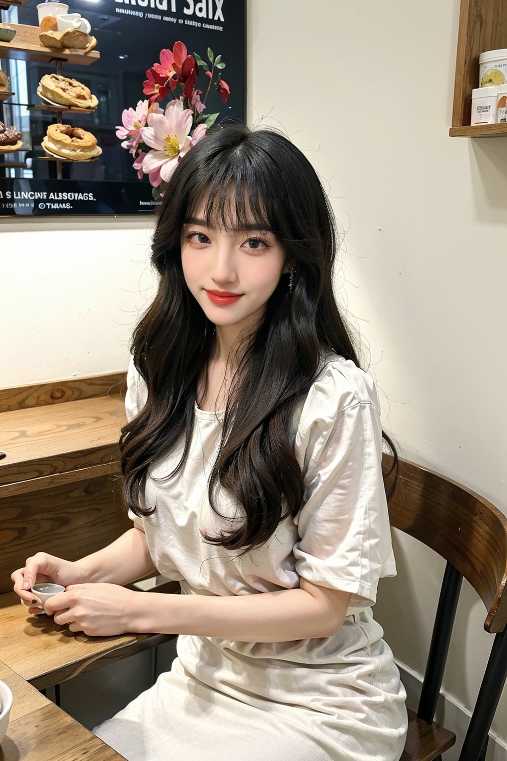 1girl, beautiful, black hair, long hair, smiling, coffee shop, sitting, (20yo:1.3), detailed eyes, light blush, white dress, (flowers in hair:1.1), looking at viewer, counter, espresso machine, cups, pastries, warm lighting, cosy atmosphere, beautifully detailed background, realistic, ambient light, (cinematic composition:1.3), HDR, Accent Lighting, wide-angle lens, best quality, masterpiece.