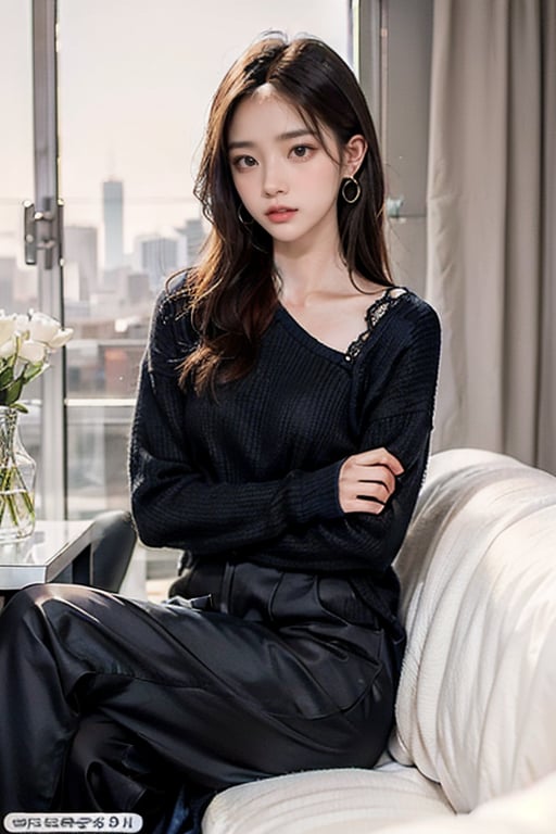 a beautiful young girl, oval face, frosty lips, small earrings,intricate high quality details,city background photorealistic,idol,Korean,perfect light,korean,beauty,the face is almost the same as photo ,24 years old ,little smile ,Retouch photo proportions to normal,Focus on facial features,Extremely realistic