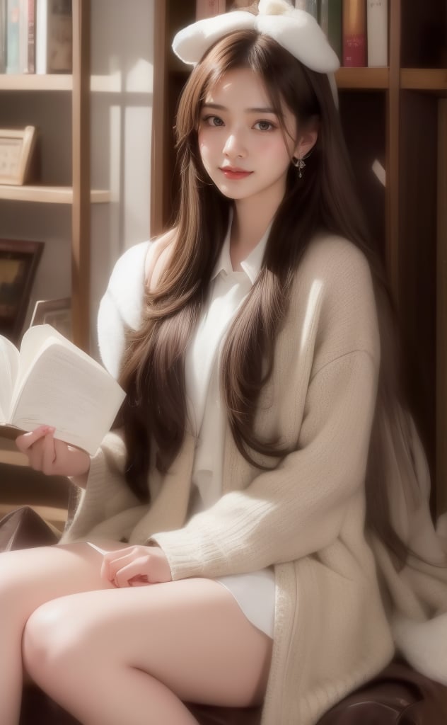 A serene scene unfolds: a single girl sits comfortably indoors, surrounded by a bookshelf. Her long, brown hair cascades down her back as she flashes a warm smile. A white collared shirt with long sleeves complements her outfit, paired with black socks and a striking striped necktie.and earrings glint in the soft light. Brown eyes sparkle as she gazes into the distance, lost in thought or reading the book held delicately in her hands. The rest of her figure remains out of frame, leaving the viewer's imagination to fill in the details. Hold an open book on your head with both hands, close one eye, look playful and charming, smile happily,High-quality portraits,More playful and cute ingredients,one eye is close 