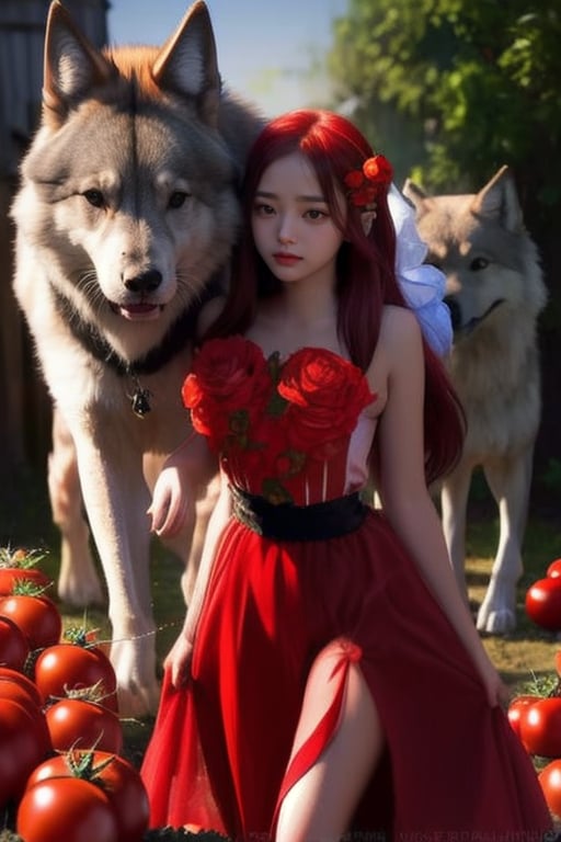 A young sexy girl with red, 22 years old,in her farming costume, harvests tomato, (bangs), Light A handsome wolf follows her,The relationship between the wolf and the girl appears to be extremely close
,the girl is smiling 