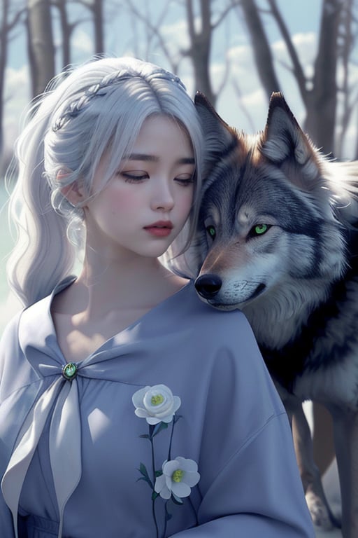 Majestic Nahida, with her stunning white hair styled in a side ponytail and striking green eyes (1.5), gazing lovingly at a majestic wolf companion. The wolf's gray and black fur blends seamlessly into the sky background as it nuzzles Nahida's face. Her beautiful detail eyes seem to sparkle with affection, while her pointy ears subtly frame her face. With one eye closed in a serene expression, Nahida exudes a sense of peaceful harmony with nature. The wolf looks handsome 